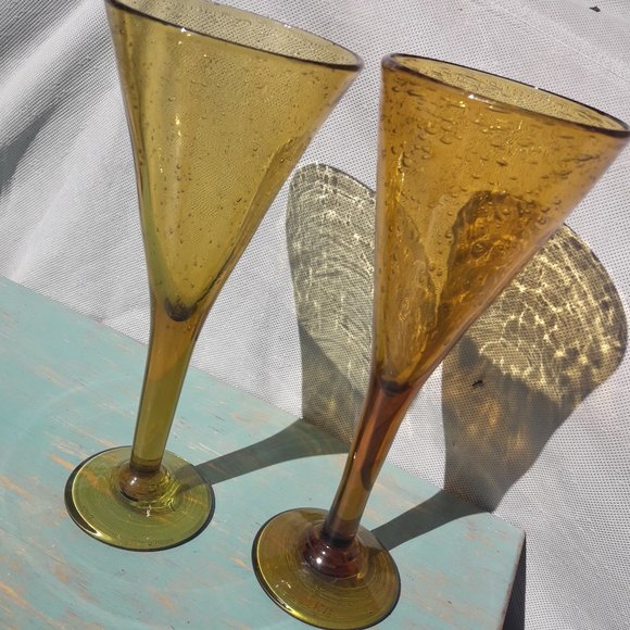 Vintage Golden Wine Goblets Bubble Glass Handmade Signed French Artist France - Picture 3 of 16